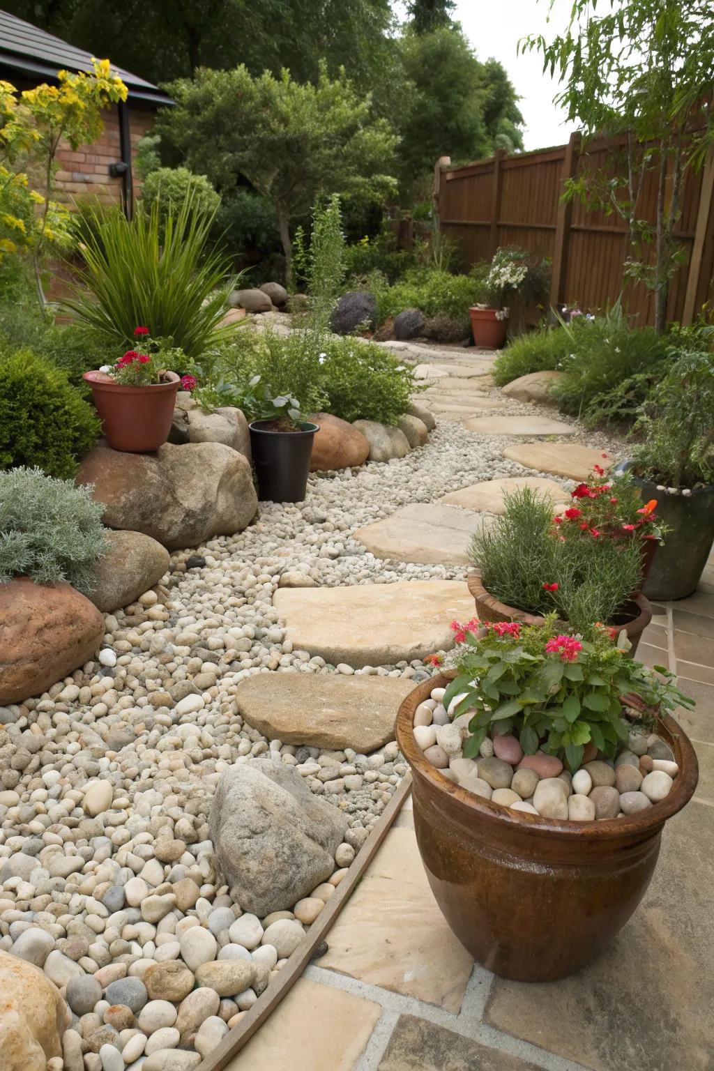 Natural stone elements enhance the organic beauty of the garden.