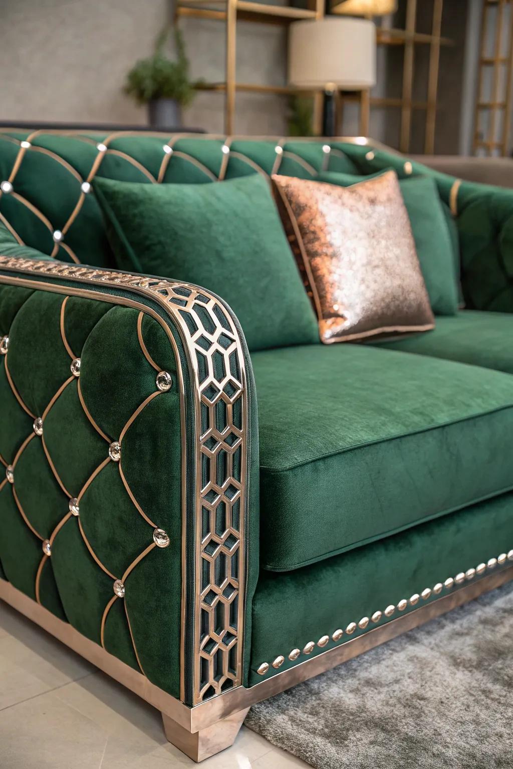A glamorous living space exhibiting an emerald plush sofa and metallic accents.