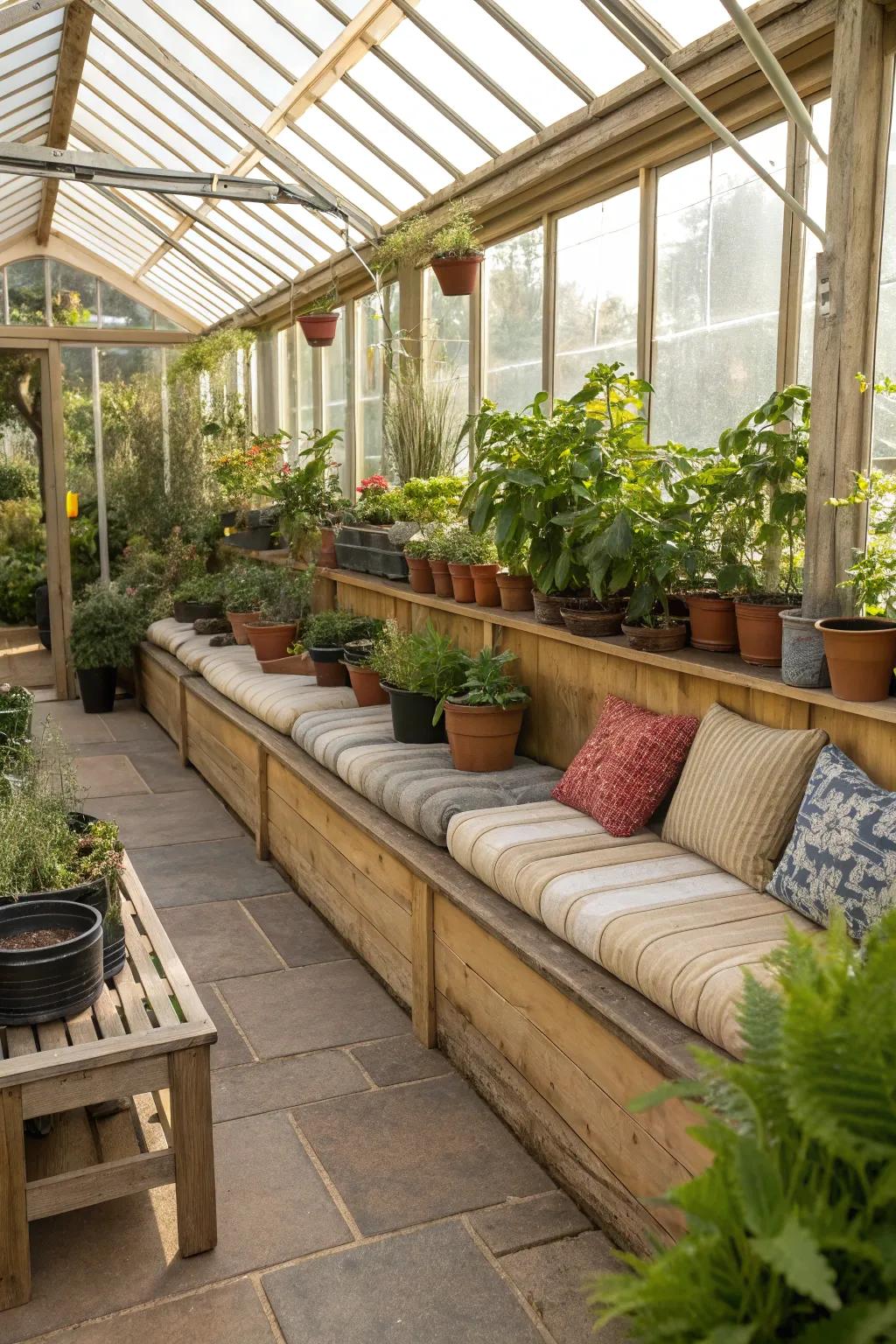 Integrated storage seats offer dual purpose in the greenhouse.