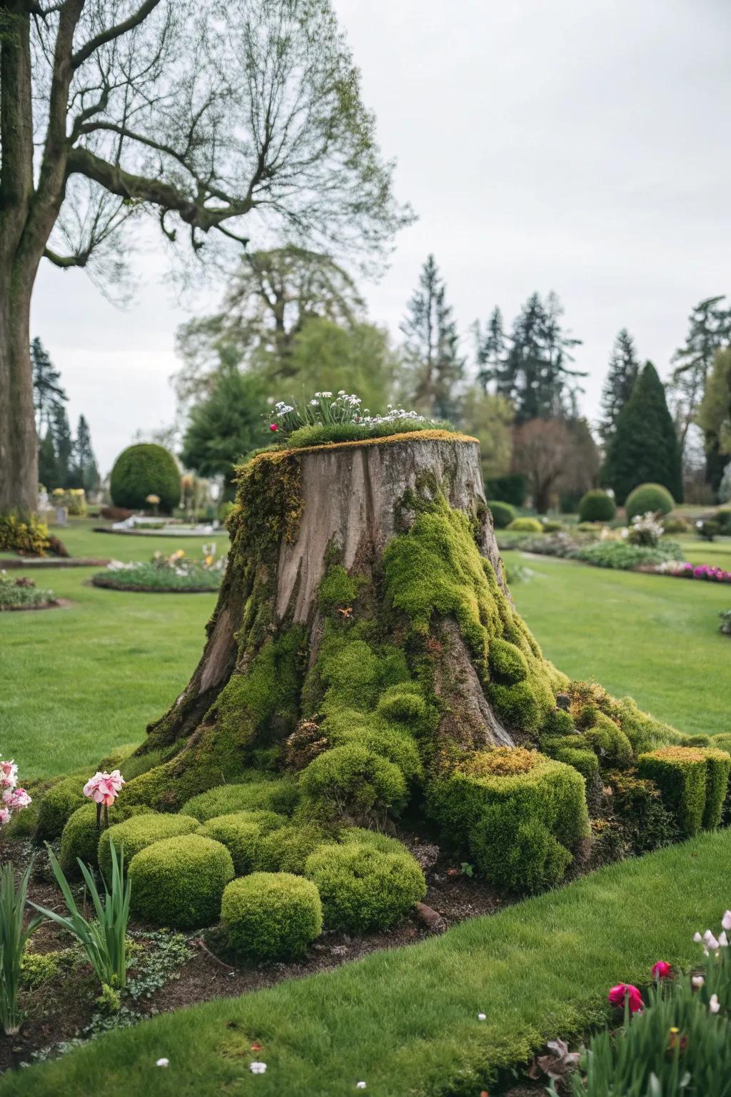 A moss-covered tree stump sculpture adds mystery to the garden.