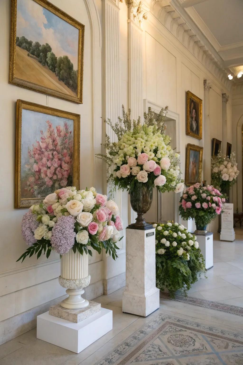 Floral arrangements matched with artwork highlight both beautifully.