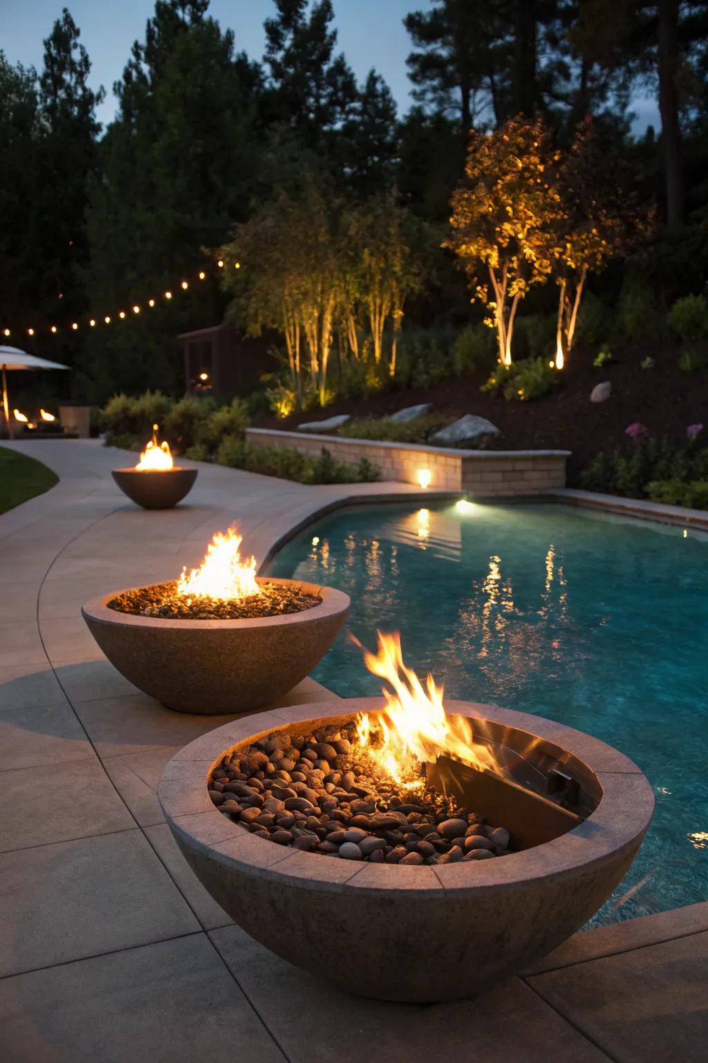 A pool enhanced with fire features for a dramatic effect.