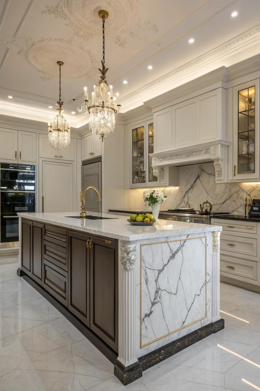 Luxurious island with marble accents for a touch of elegance.
