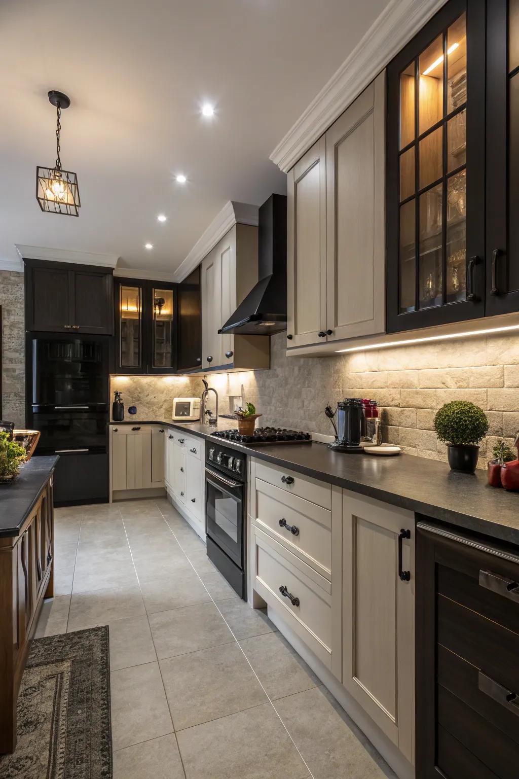 In a kitchen without windows, dark accents create difference and character.