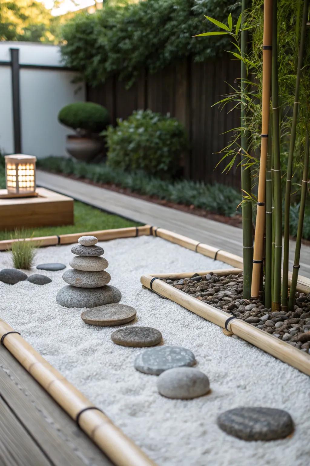 Artificial bamboo and stones create a Zen oasis.