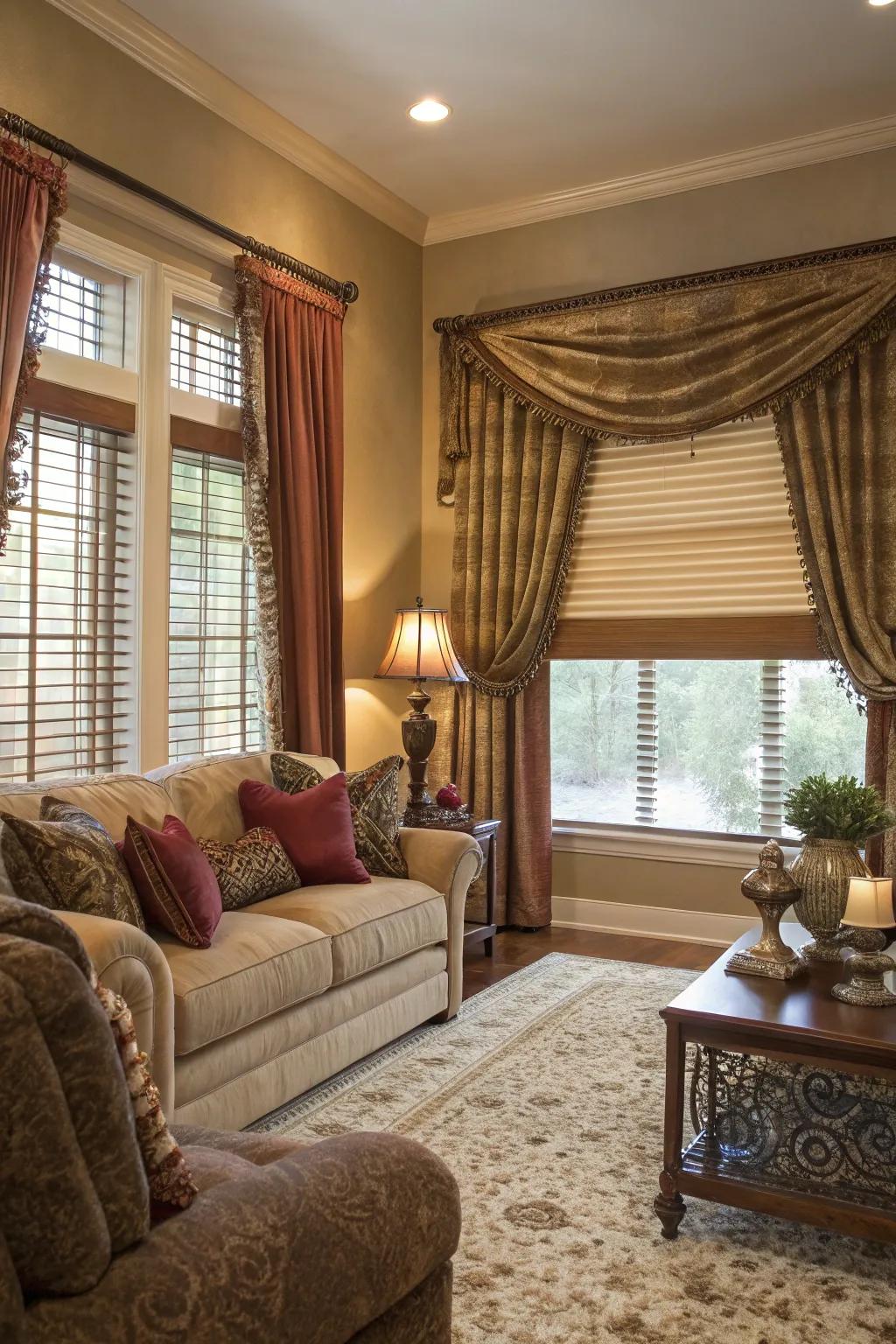 Layered window treatments adding depth and warmth to the living room.