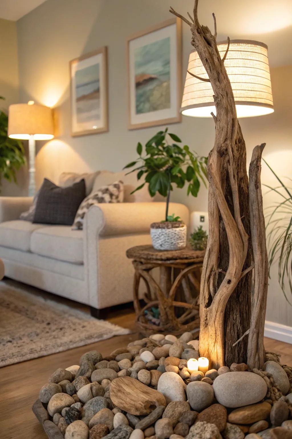 Natural elements like driftwood can add an earthy touch to a corner.