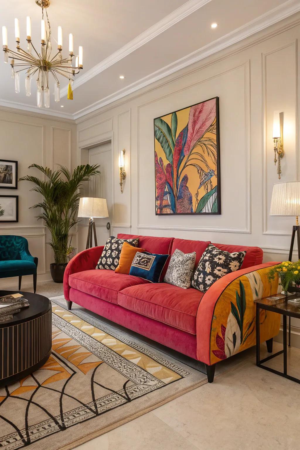 A statement piece defines the living room's character.