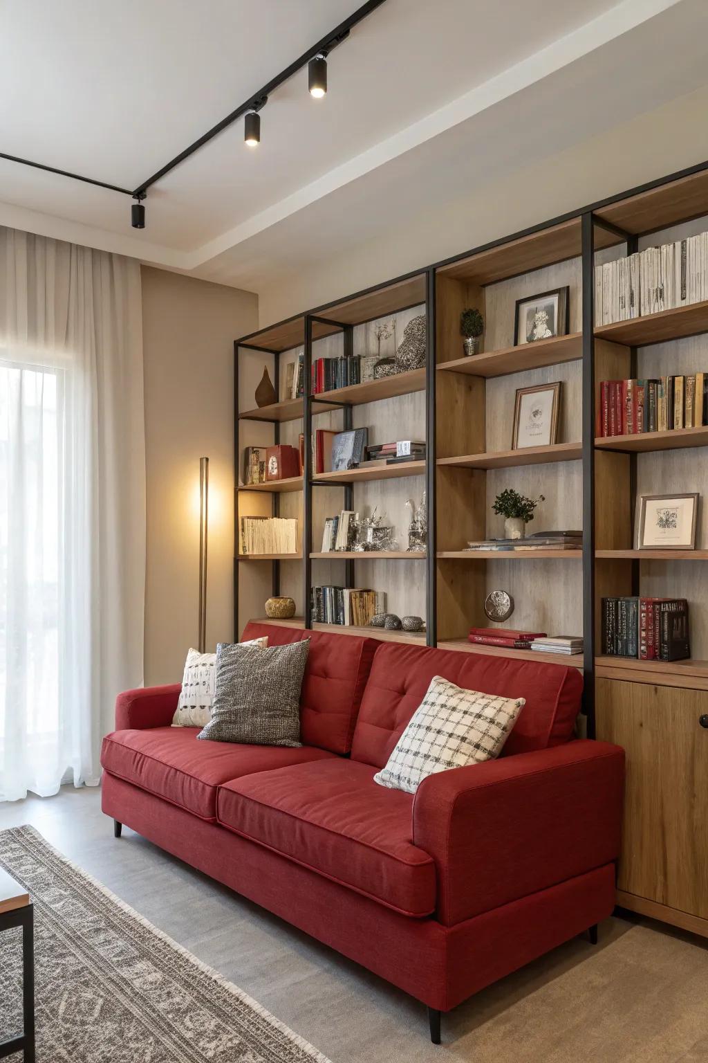 Fashionable storage solutions frame your red sofa, introducing both functionality and aesthetic appeal.