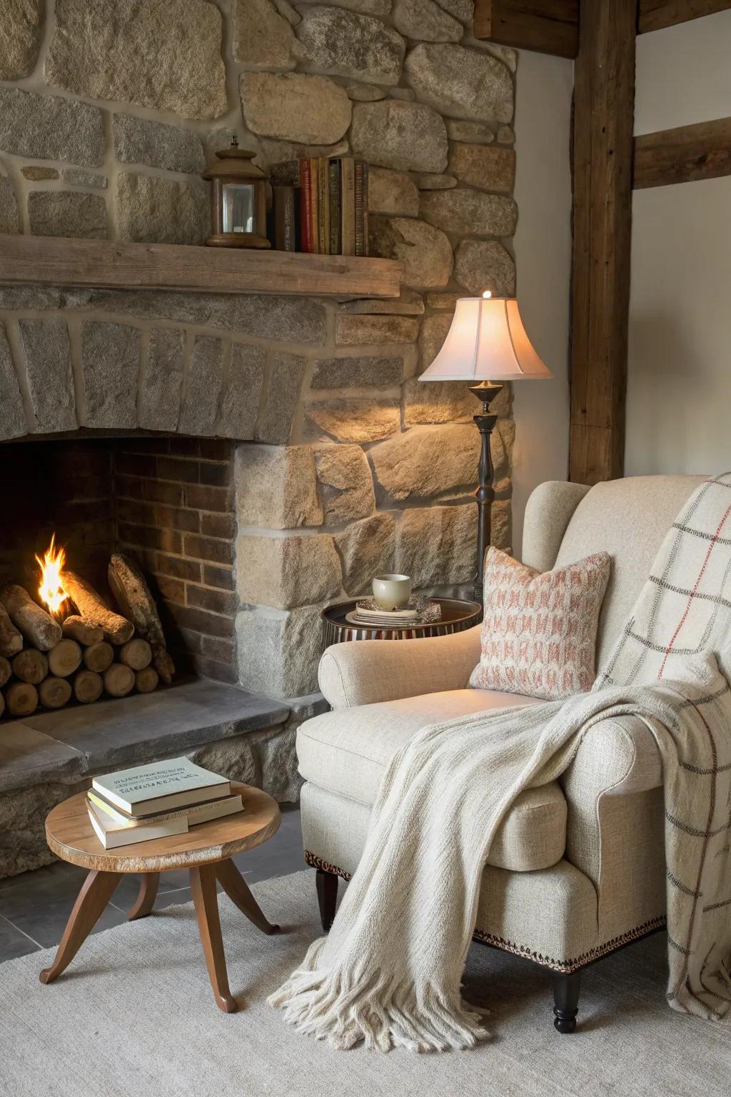 An comfortable niche by the chimney is ideal for unwinding and get-togethers.