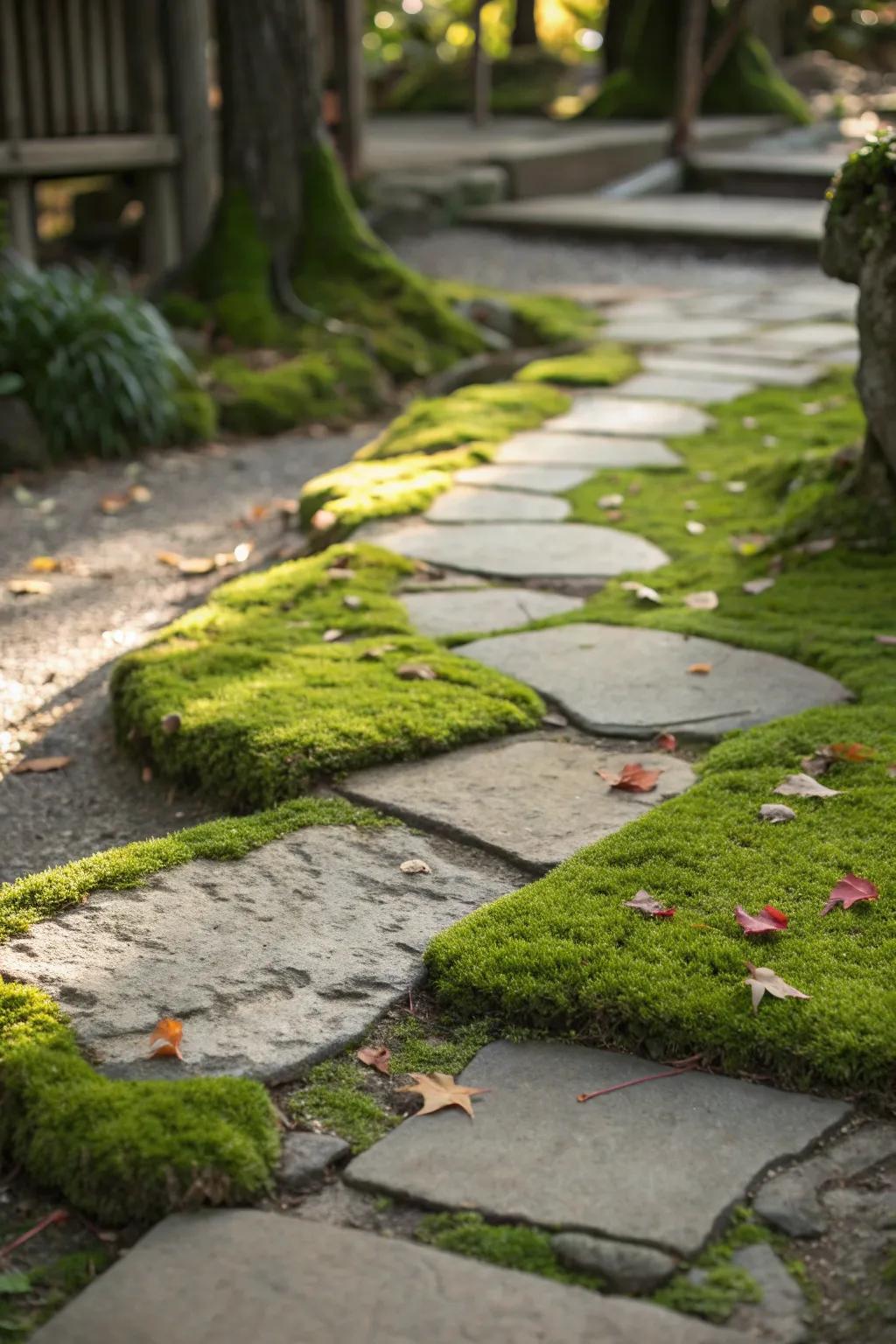 Step into serenity with a handcrafted moss pathway that transforms your patio into a natural escape.