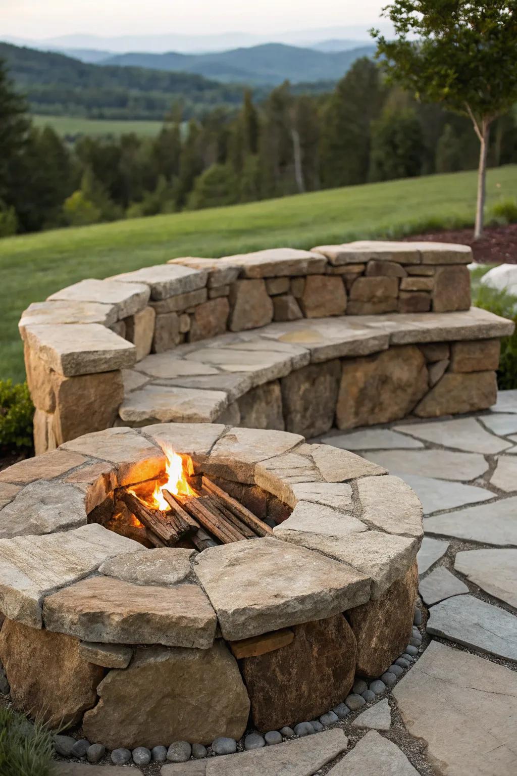 Embrace nature's elegance with rustic stone seating around your fire pit.