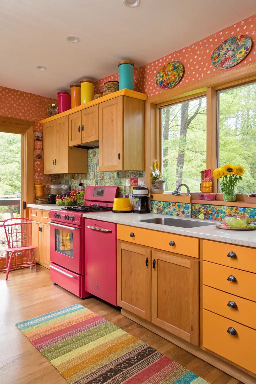 A lively kitchen with maple cabinets and vibrant color contrasts for an energetic feel.