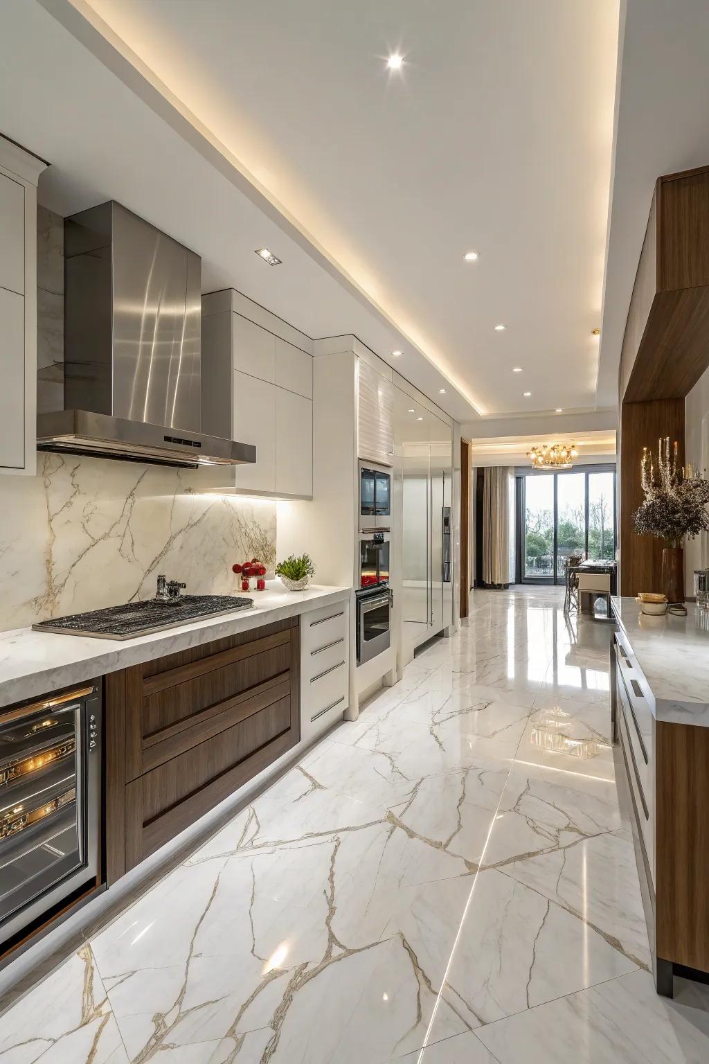 An elegant kitchen featuring contrasting Skyline Honed marble floors.