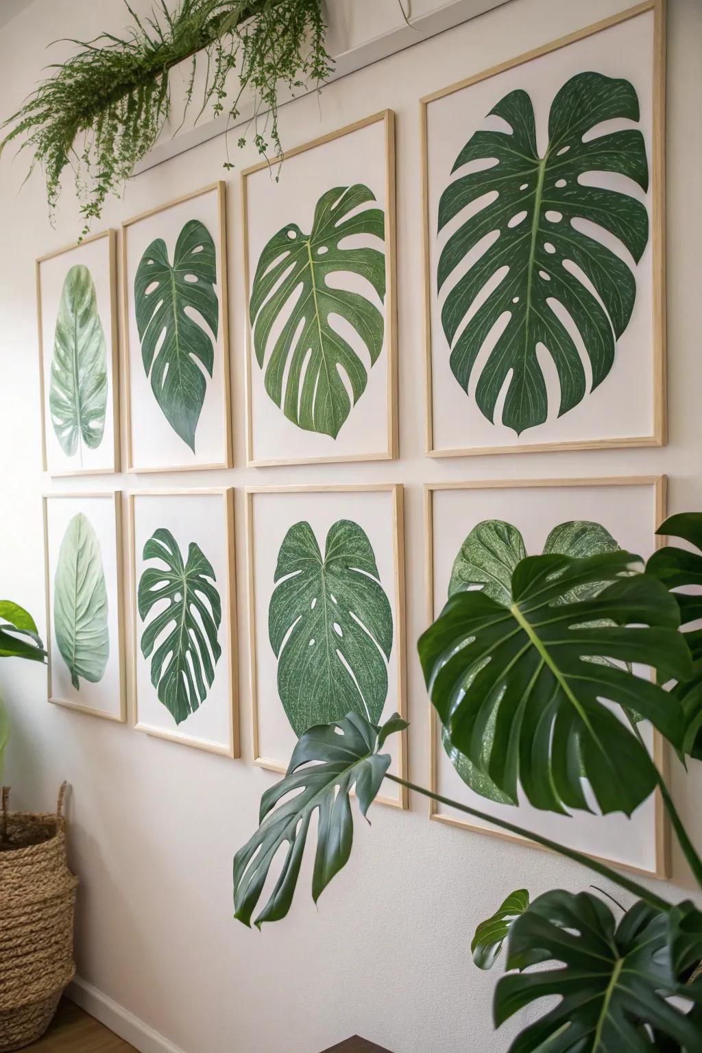 Plant art prints showing split-leaf philodendron fronds.