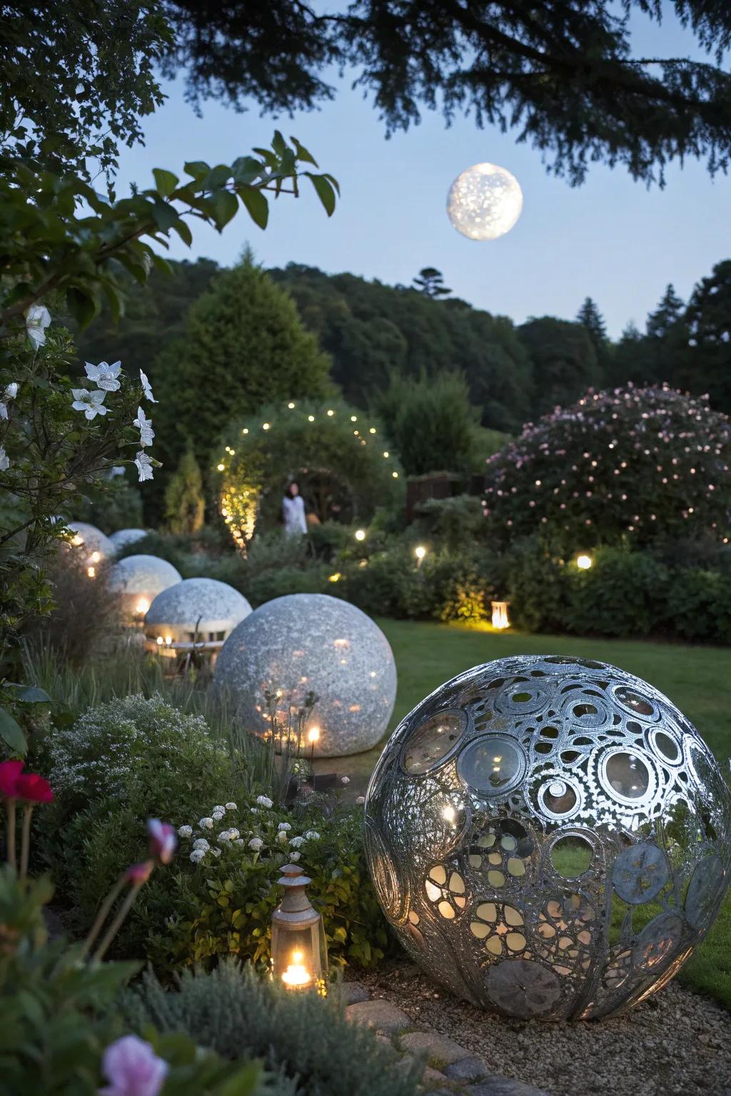 Garden art pieces reflect moonlight and add charm.