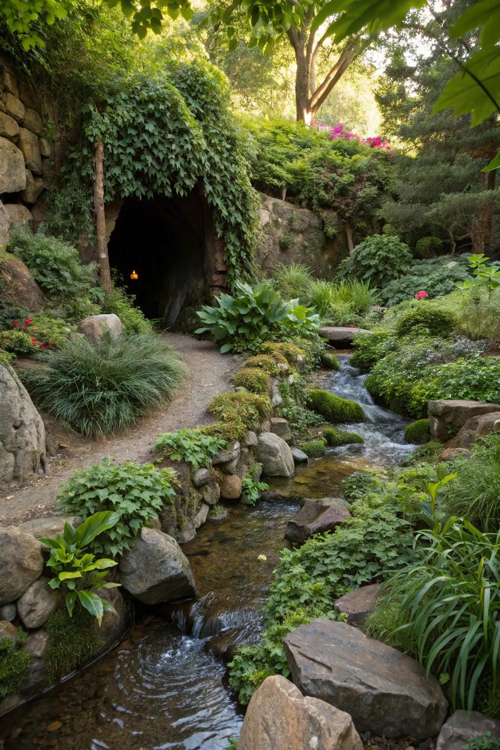 A hidden grotto by the stream for a touch of mystery.
