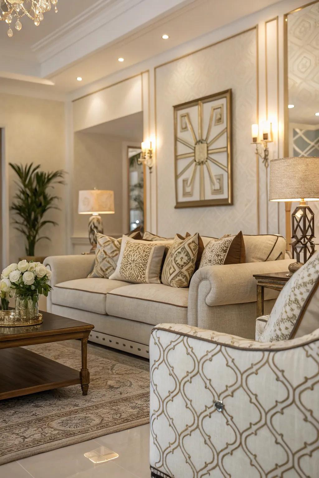 Subtle patterns in textiles add visual interest to a chic, neutral living room.