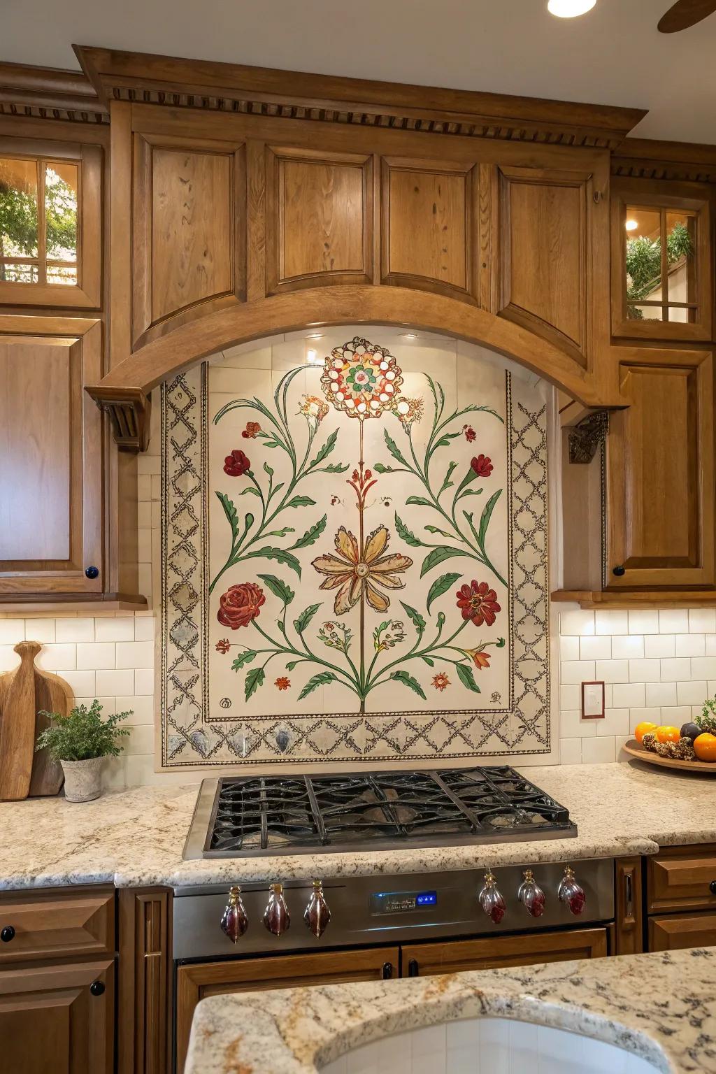 A unique backsplash acts as an artistic point of focus in the kitchen.