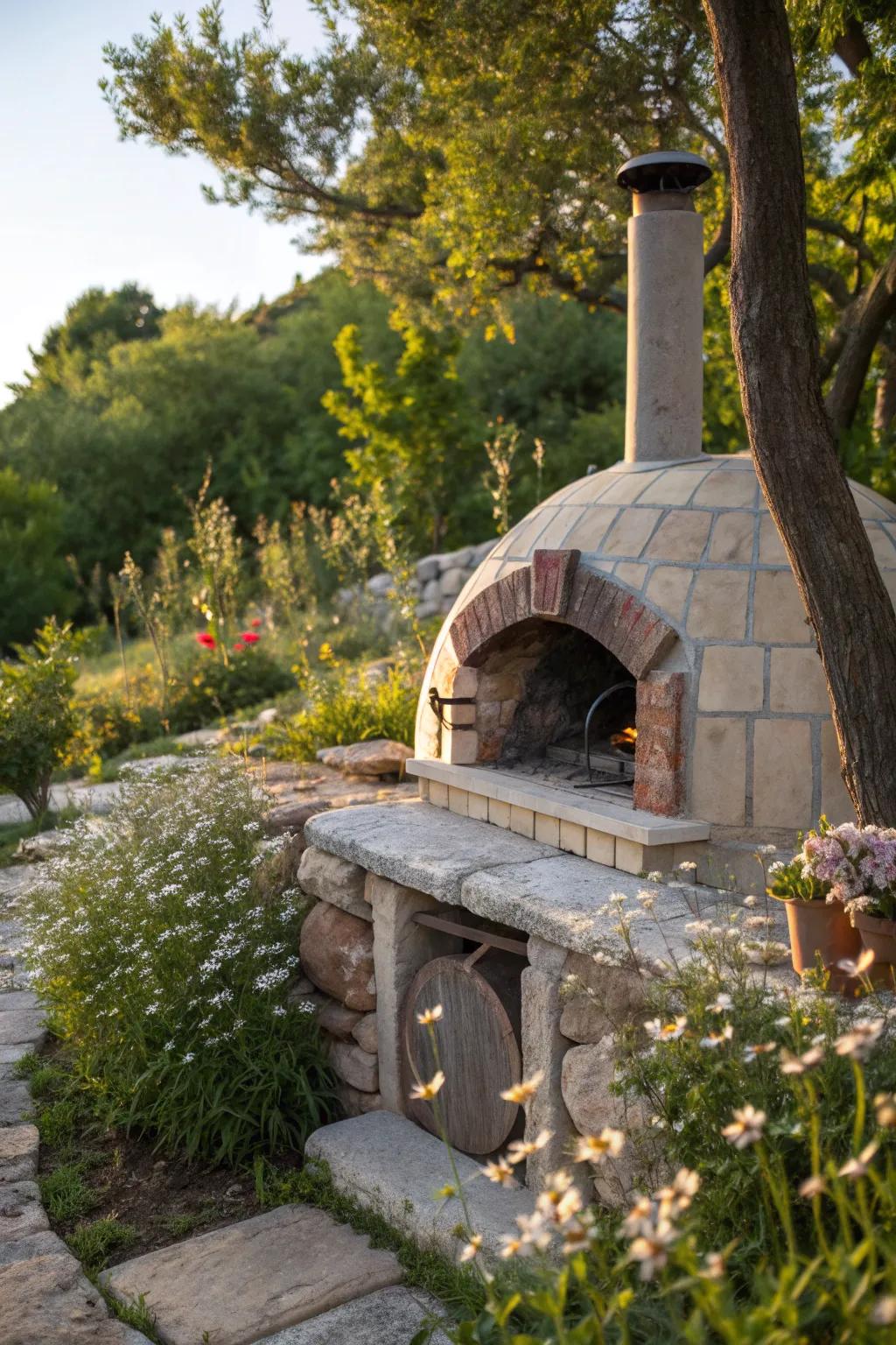 Discover your hidden garden paradise with a charming pizza oven oasis.