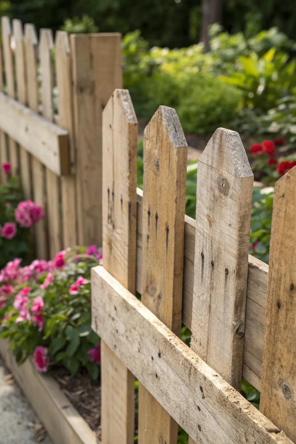 Define your garden with a rustic pallet fence that tells a story.