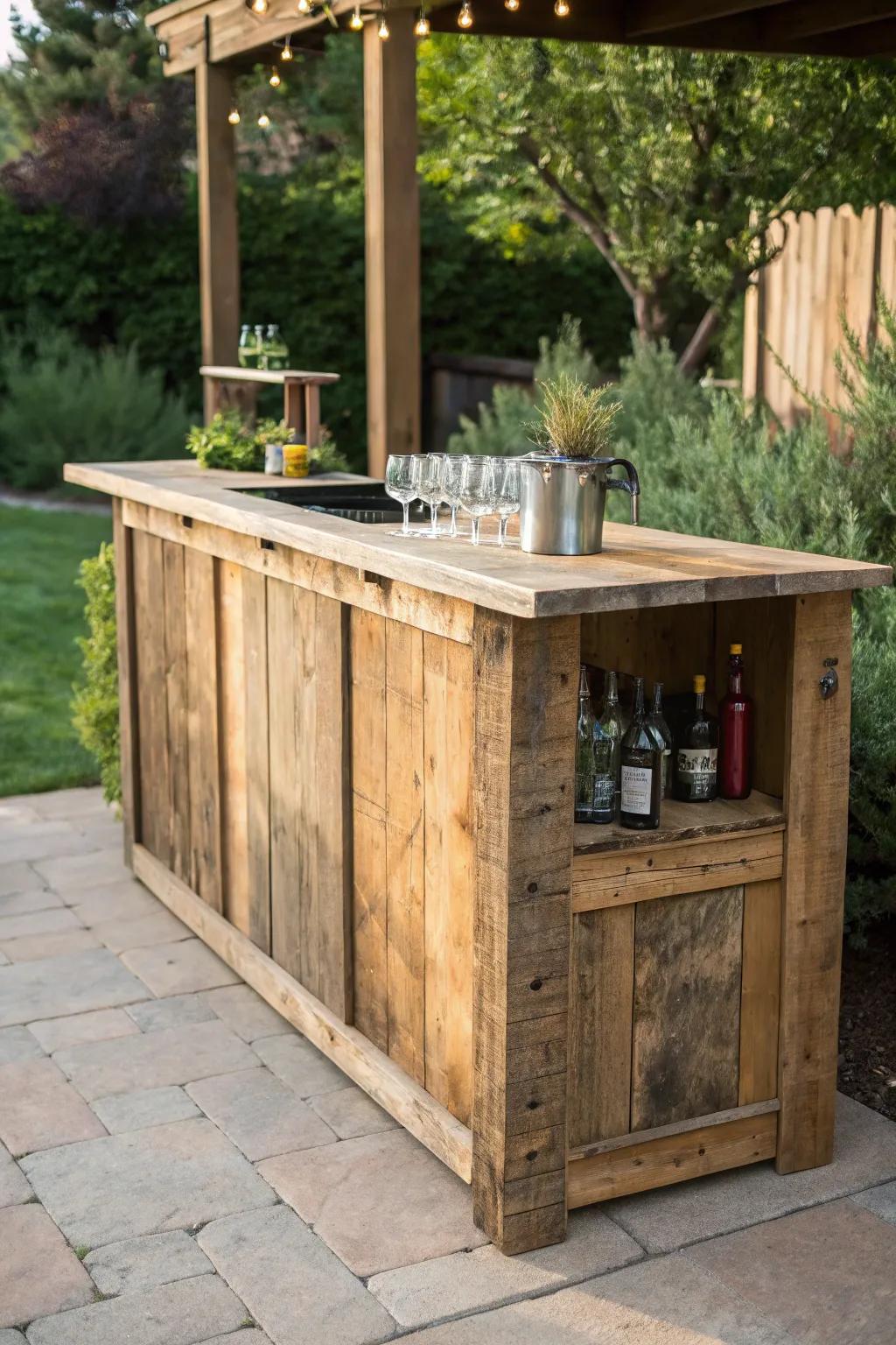 Discover the elegance of hidden storage with this handcrafted pallet bar, where craftsmanship meets clever design.