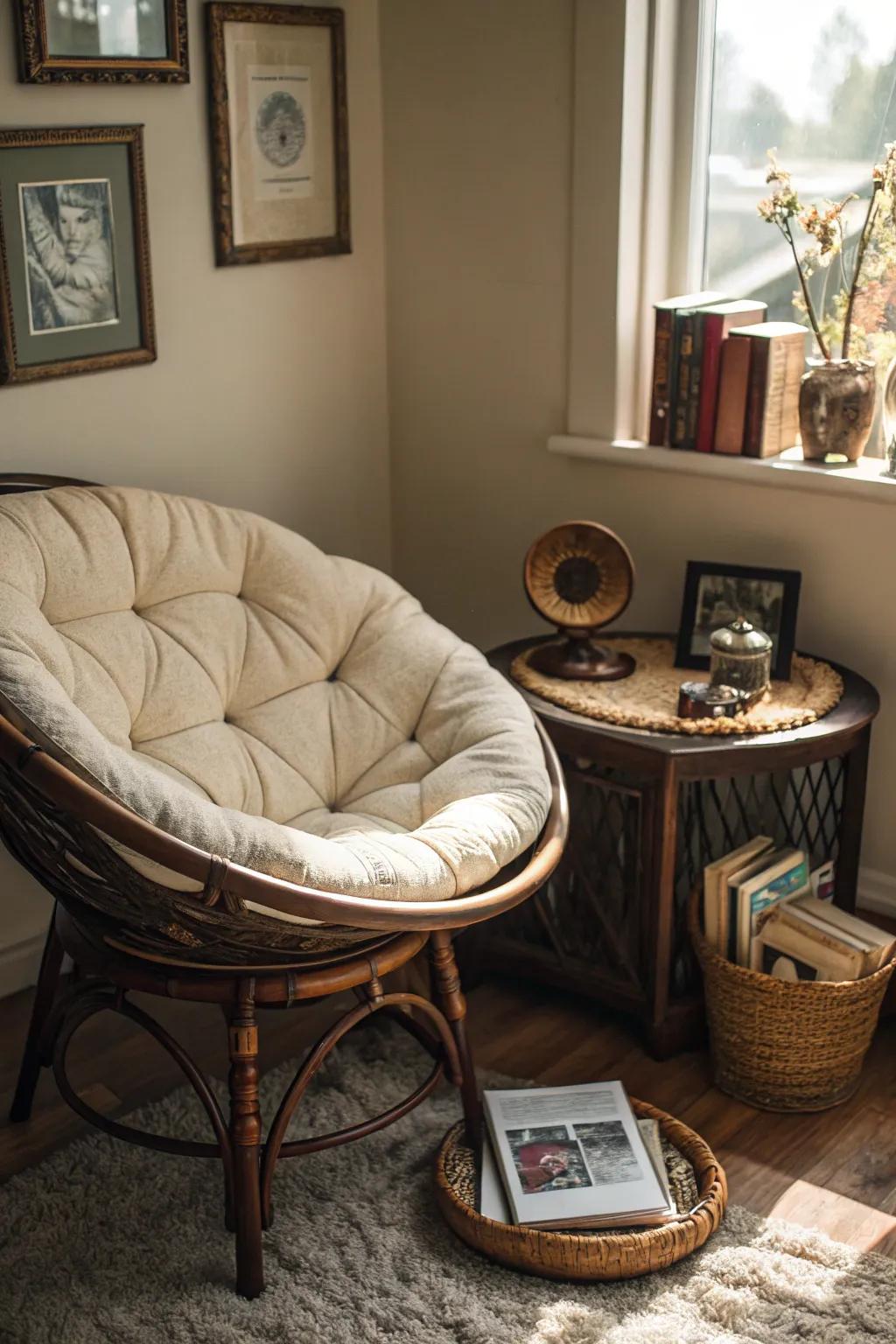 Vintage touches add character to a papasan chair setup.