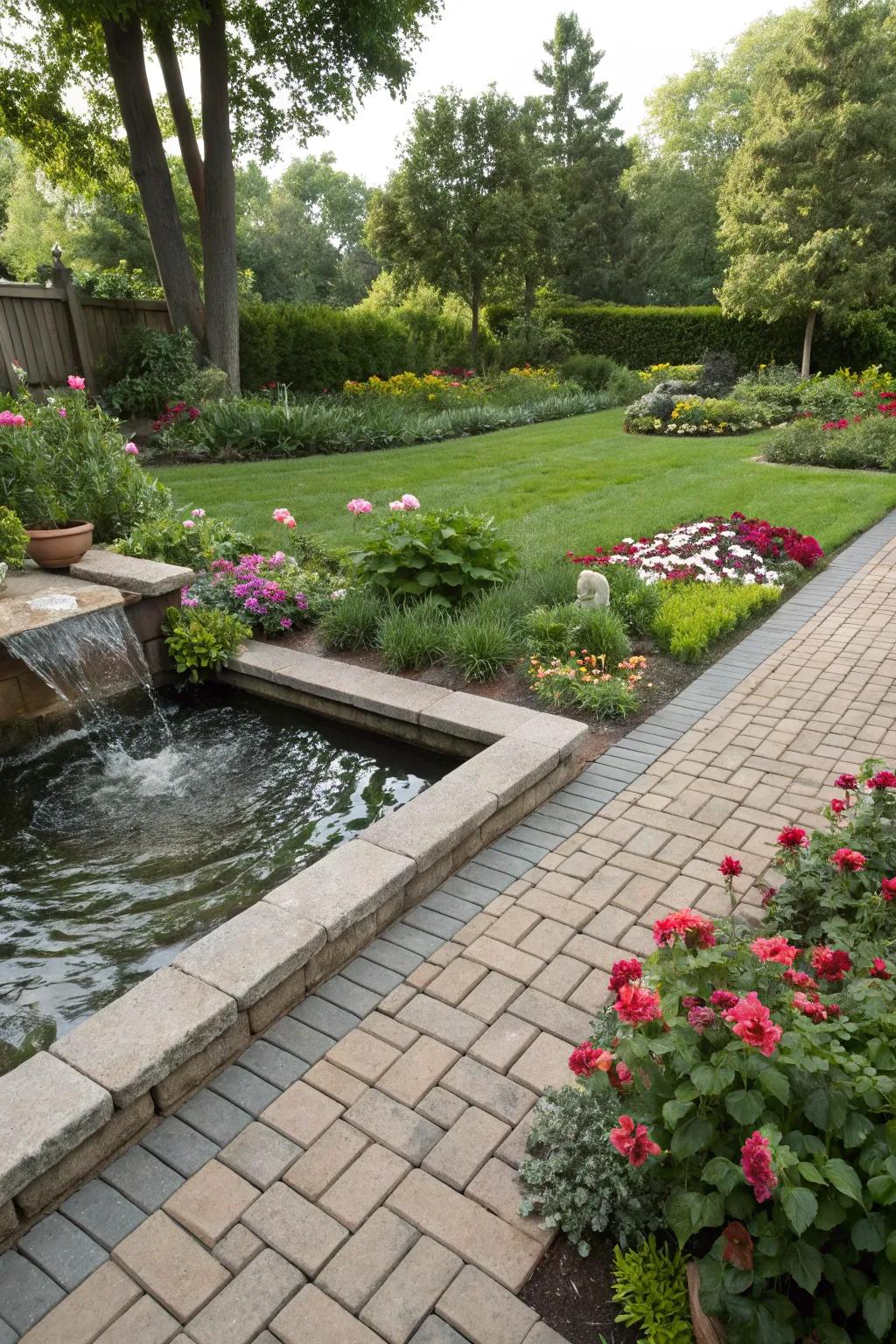 Water elements add a calming component to garden designs.