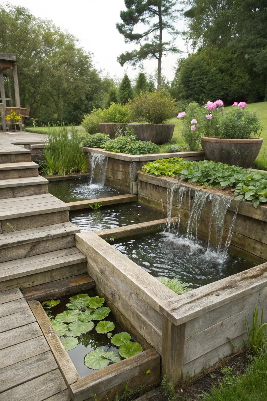 Tiered ponds introduce depth and dimension to garden designs.