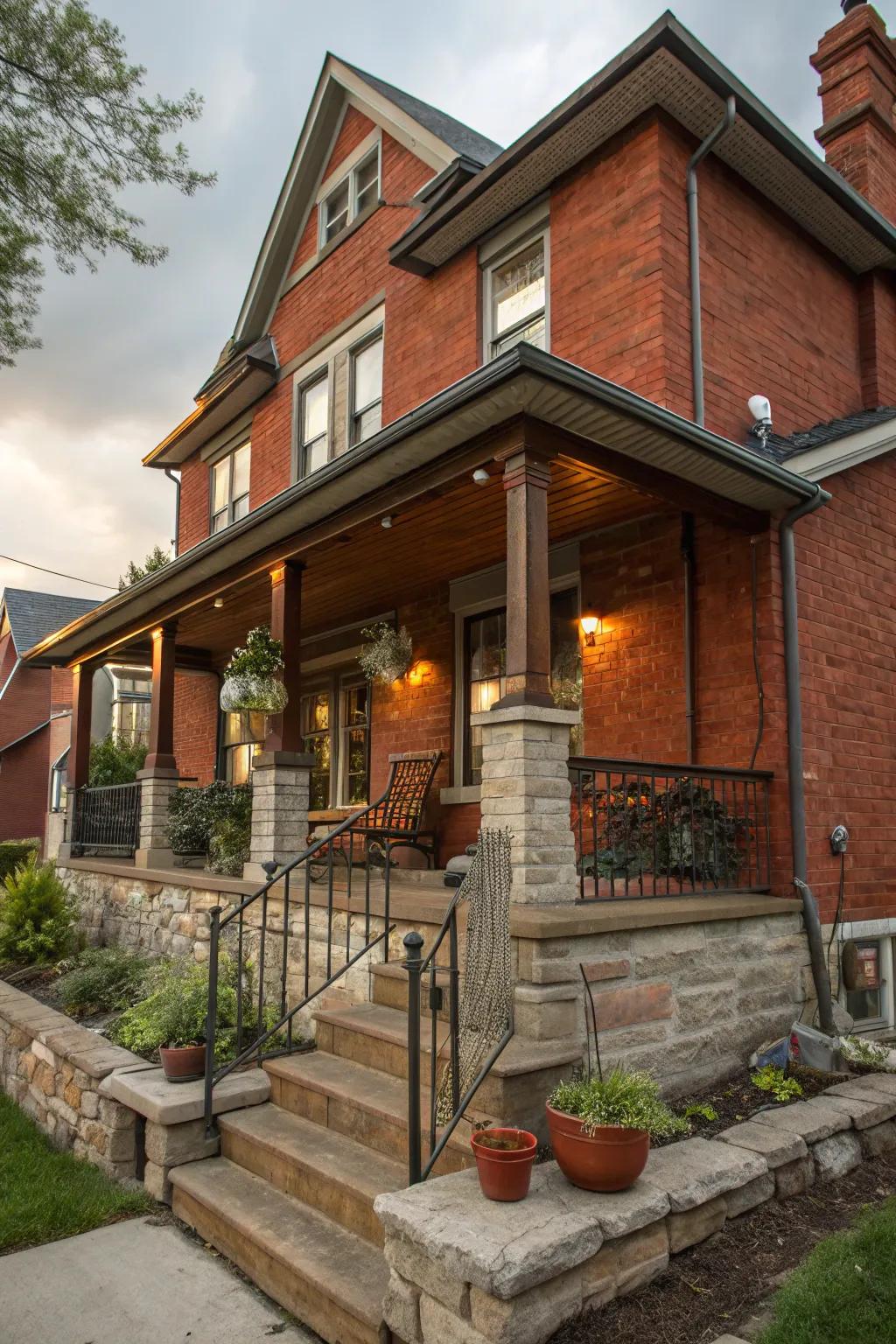 An eclectic mix of textures adds depth and interest to this red brick porch.