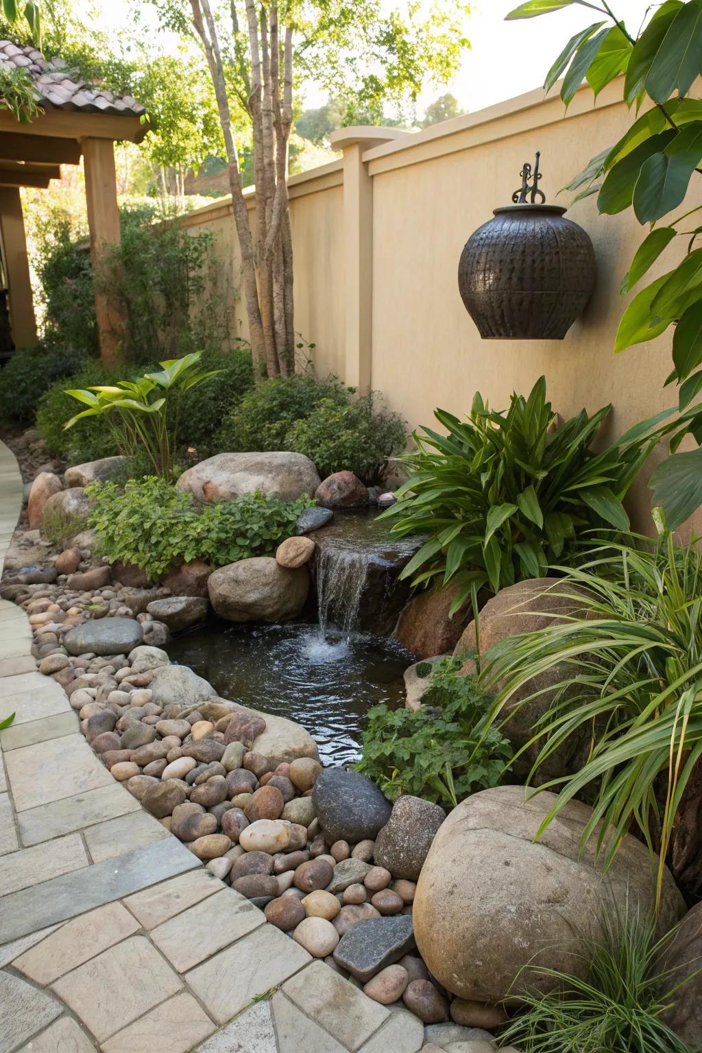 A stream stone oasis transforms this small space into a lush, peaceful retreat.