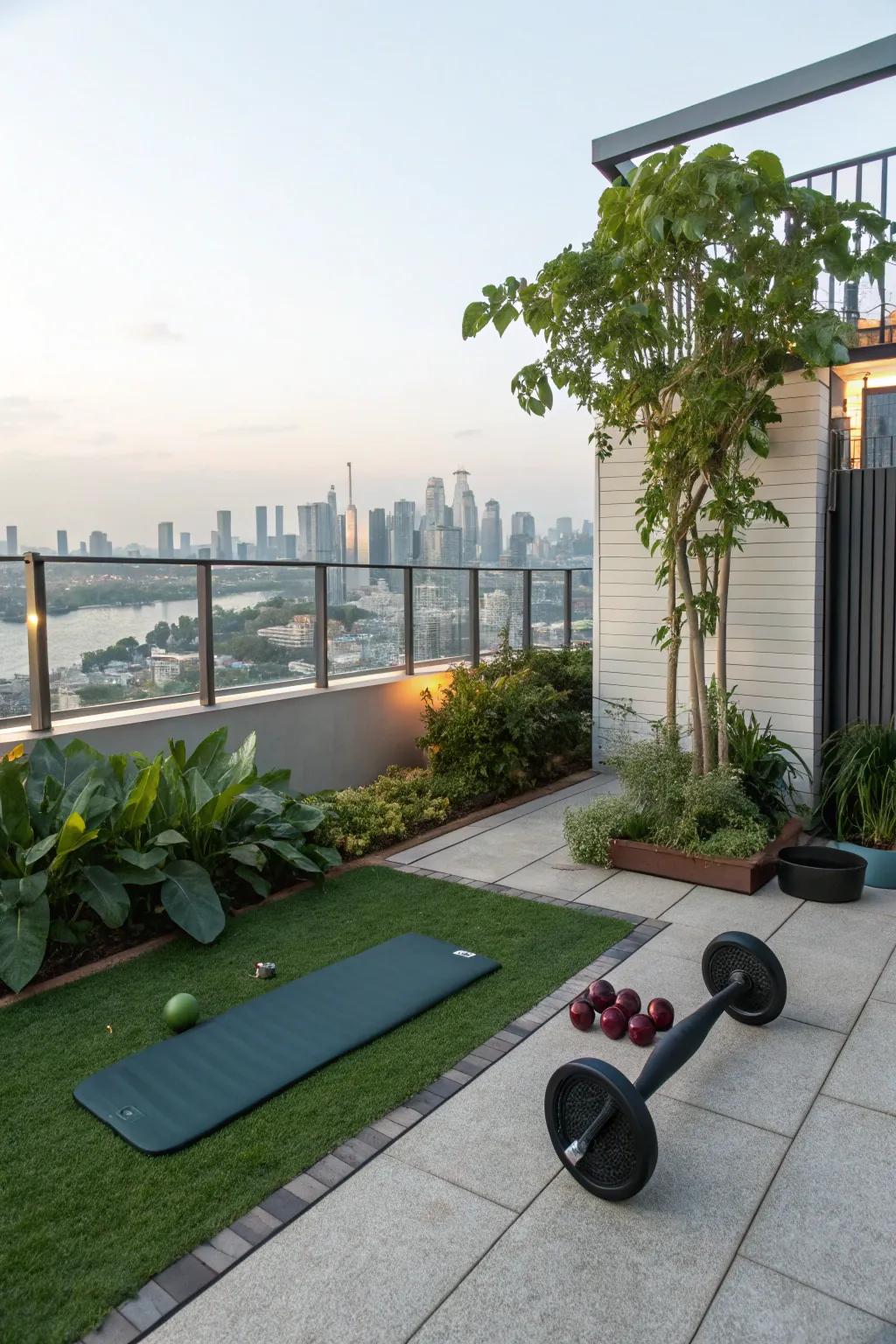 A rooftop gym offers a refreshing place to exercise with a view.