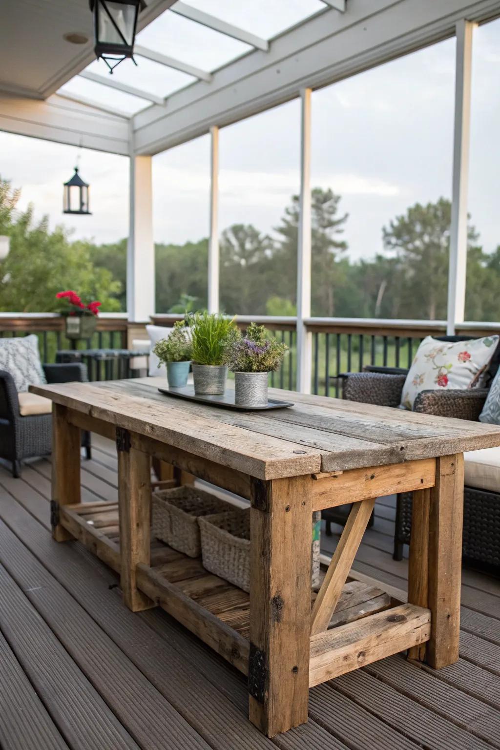 A DIY table crafted from reclaimed wood adds rustic charm.