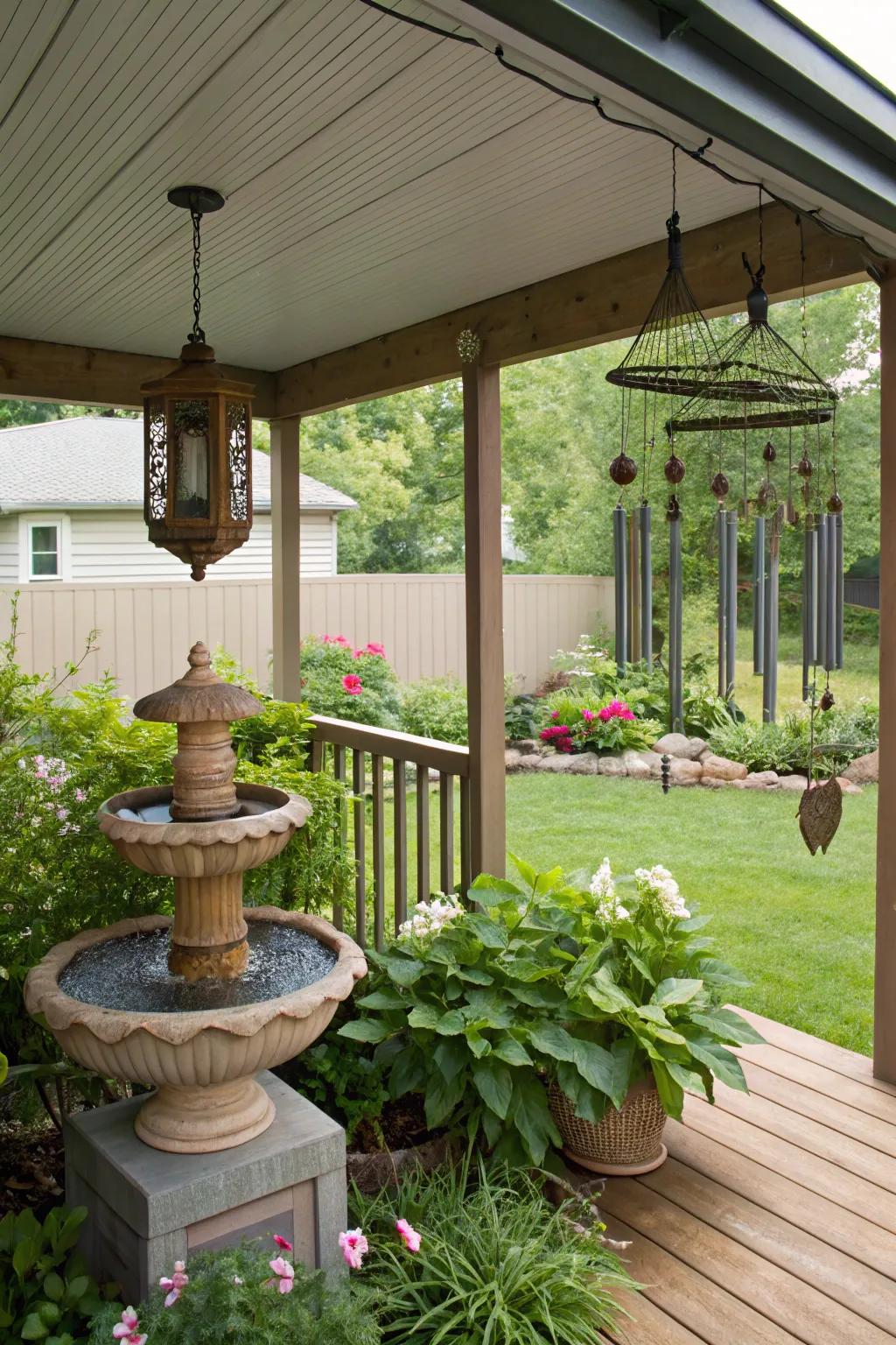 Sound elements like fountains and wind chimes enhance relaxation.