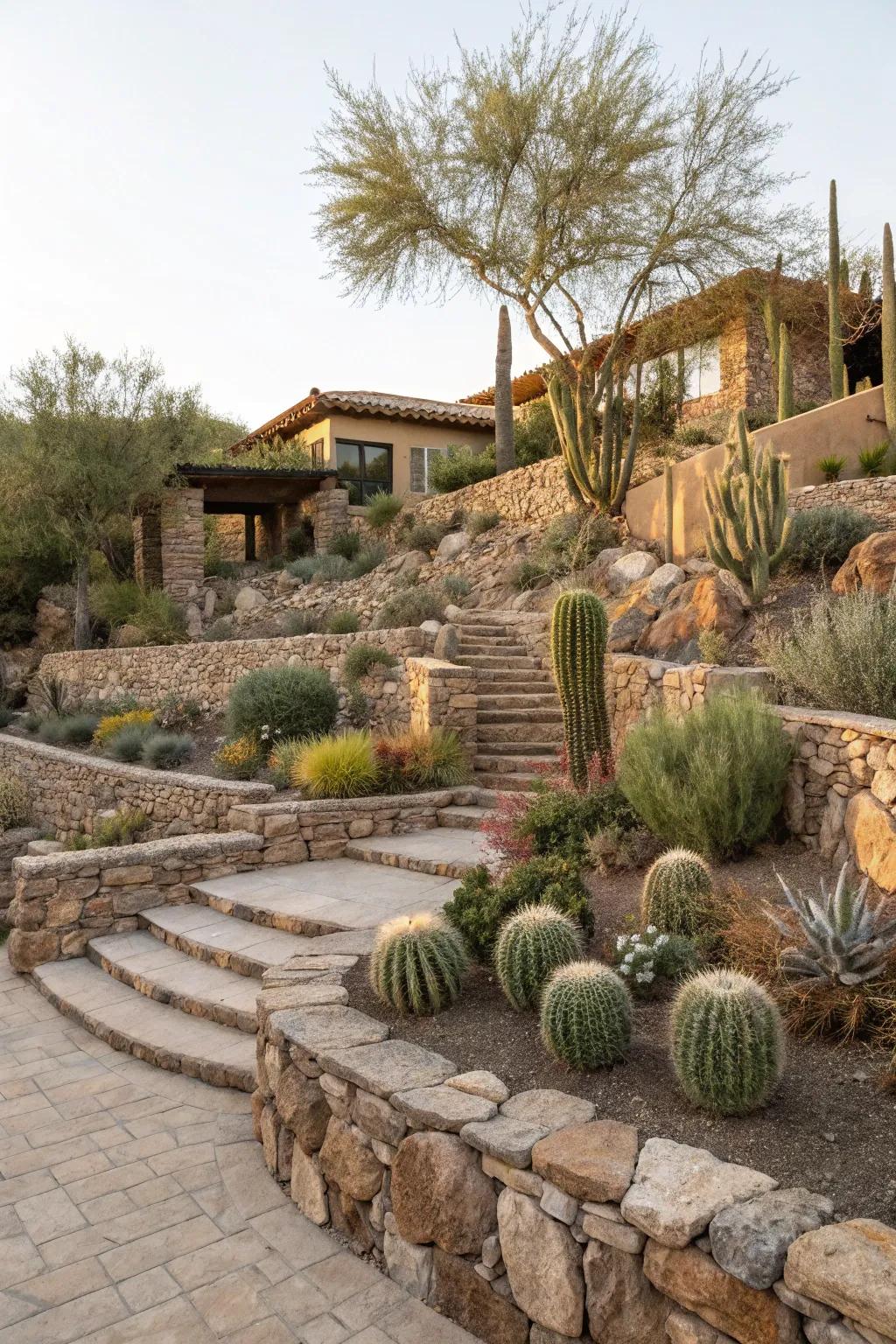 The terraced landscape design manages slopes beautifully.