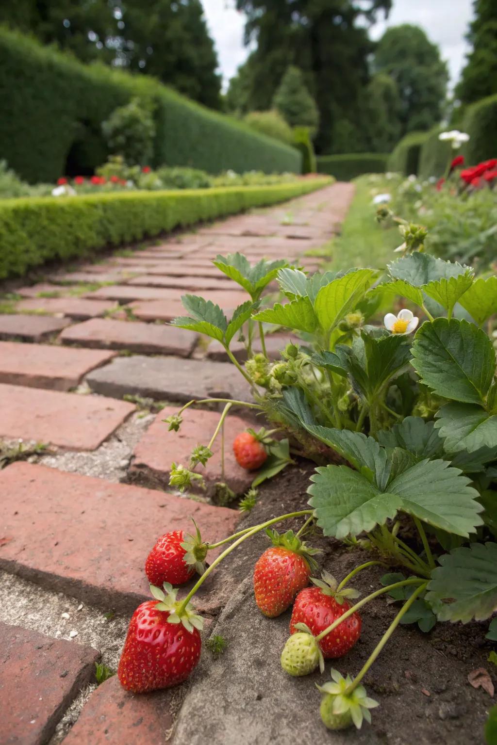 Strawberries thriving in the cracks between bricks.