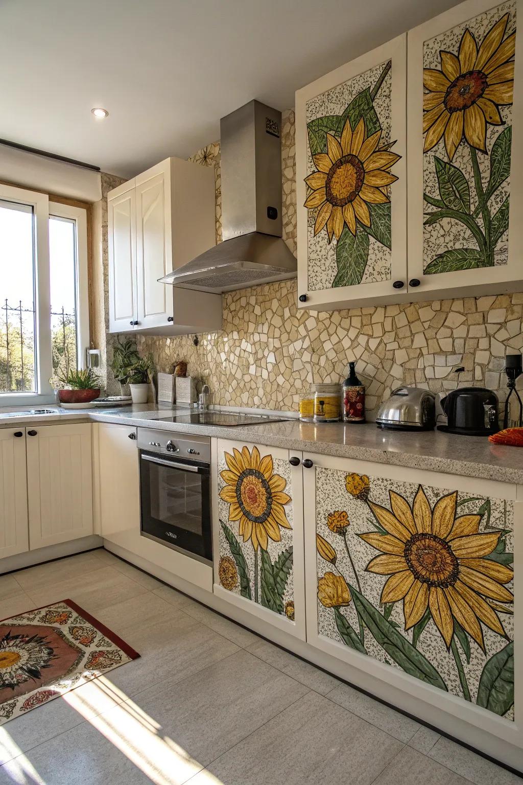Sunflower mosaic art elevates the kitchen's aesthetic.