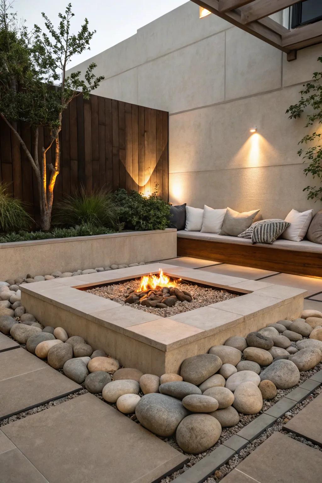 Plain style specifies this below-ground fire pit.
