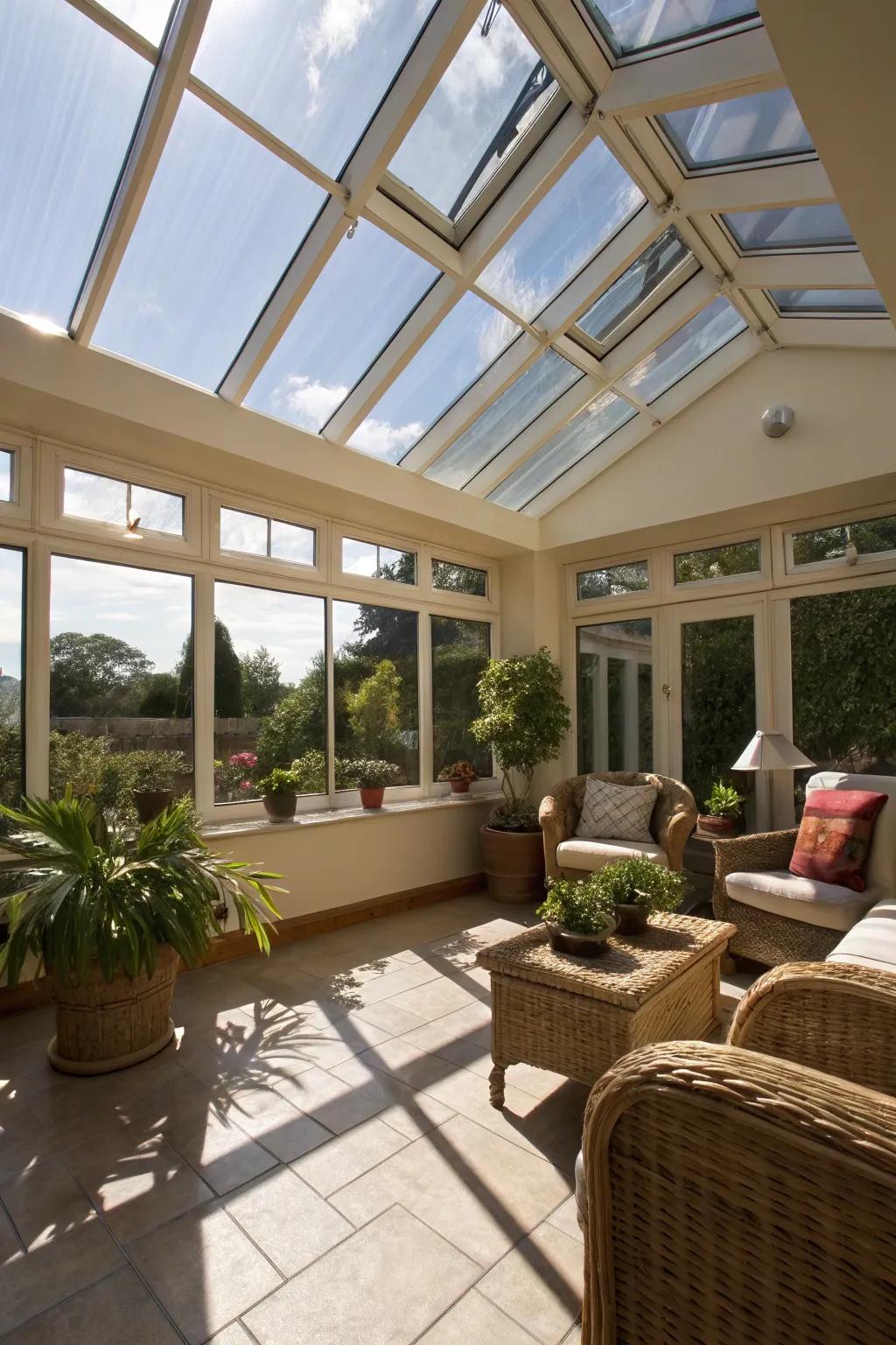 Skylights flood this sunroom with natural light.