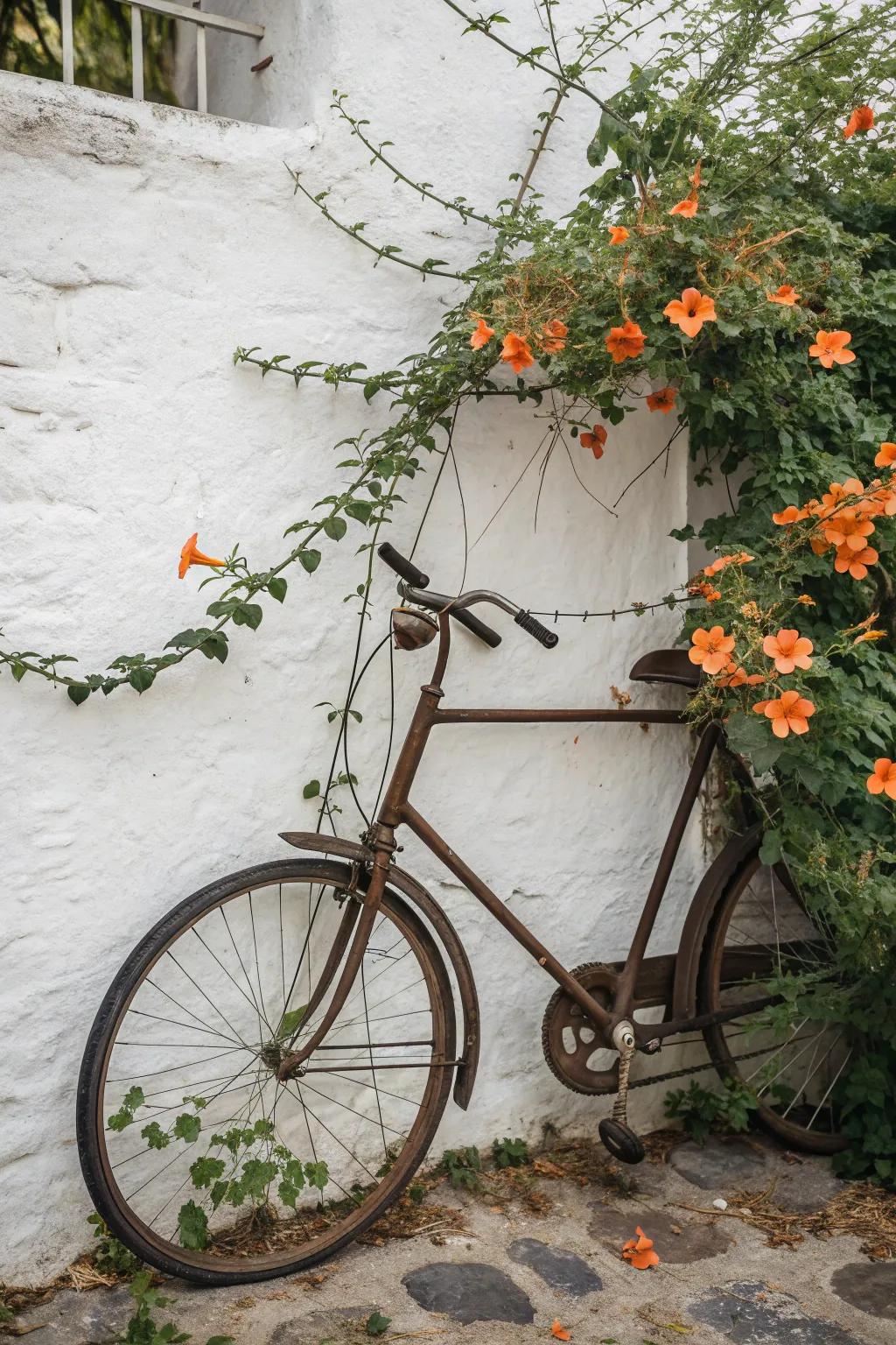 Transform a vintage bicycle into a whimsical trellis with blooming trumpet vines.