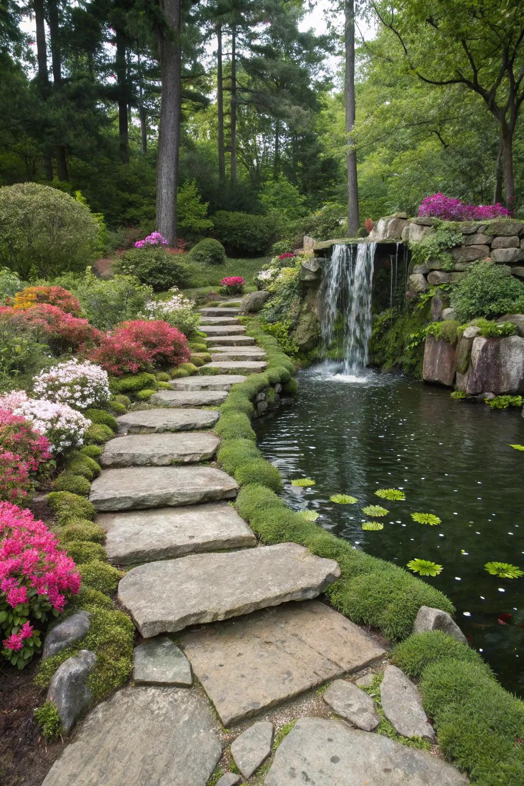 A playful stone pathway leading toward a charming garden cascade.