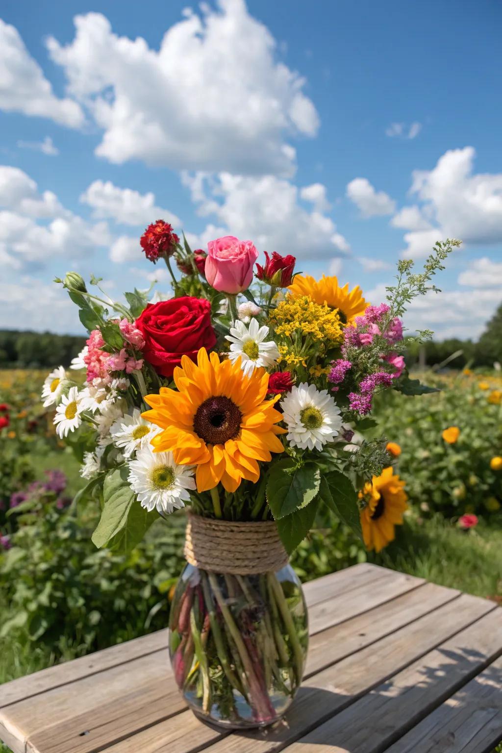 A mix of seasonal blooms creates a unique and vibrant summer bouquet.