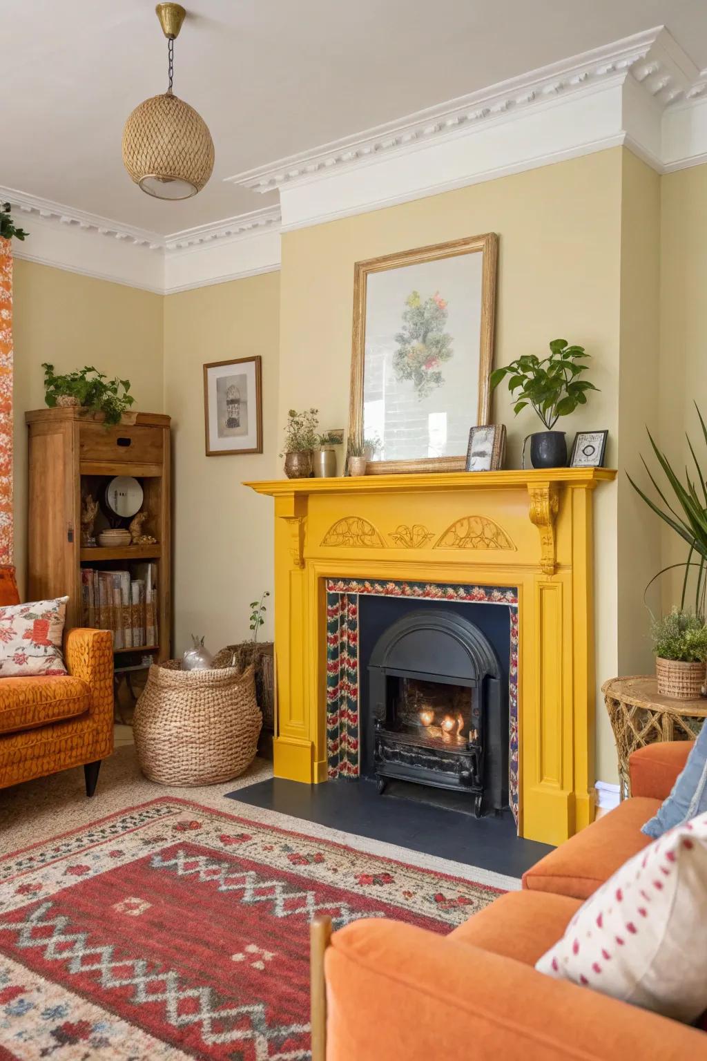 A marigold fireplace adds vibrancy and warmth to this lively room.