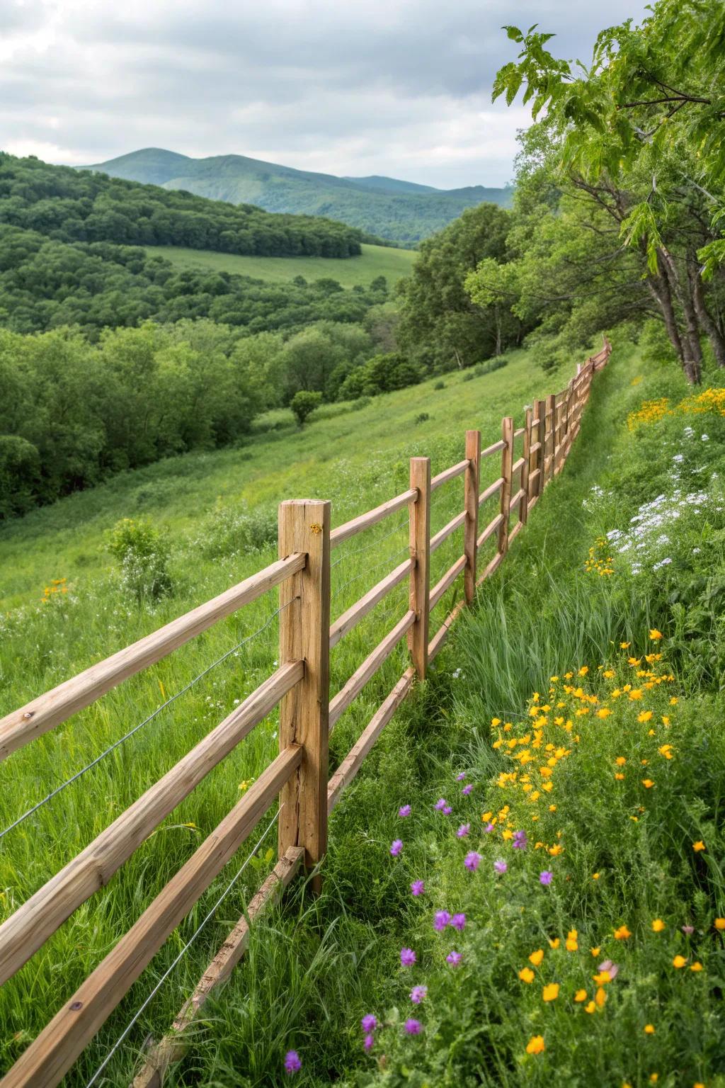 An eco-conscious fence styled with sustainable materials nestled in a lush backdrop.