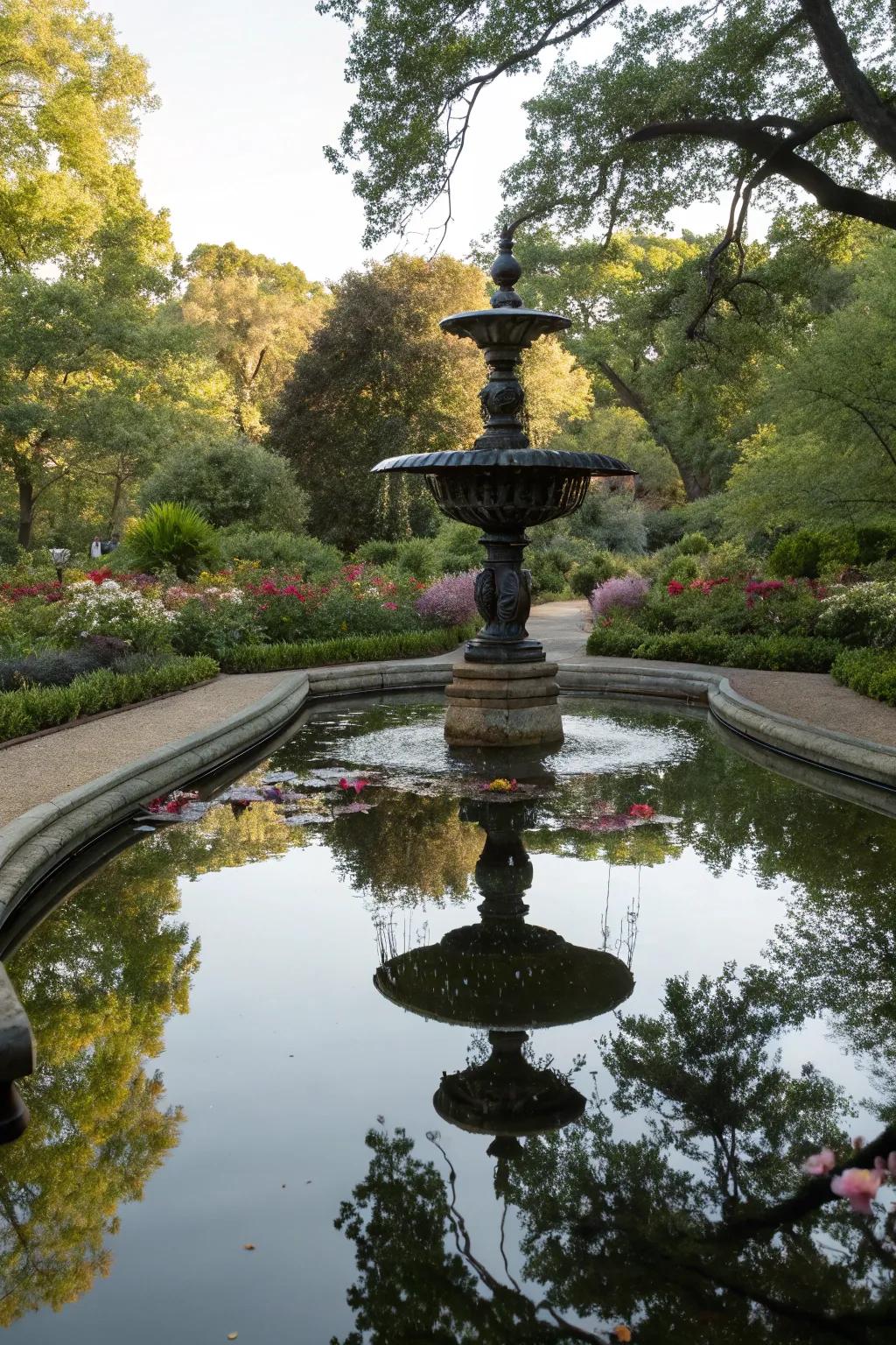 A reflective pool fountain offering a mirror-like surface in the garden.