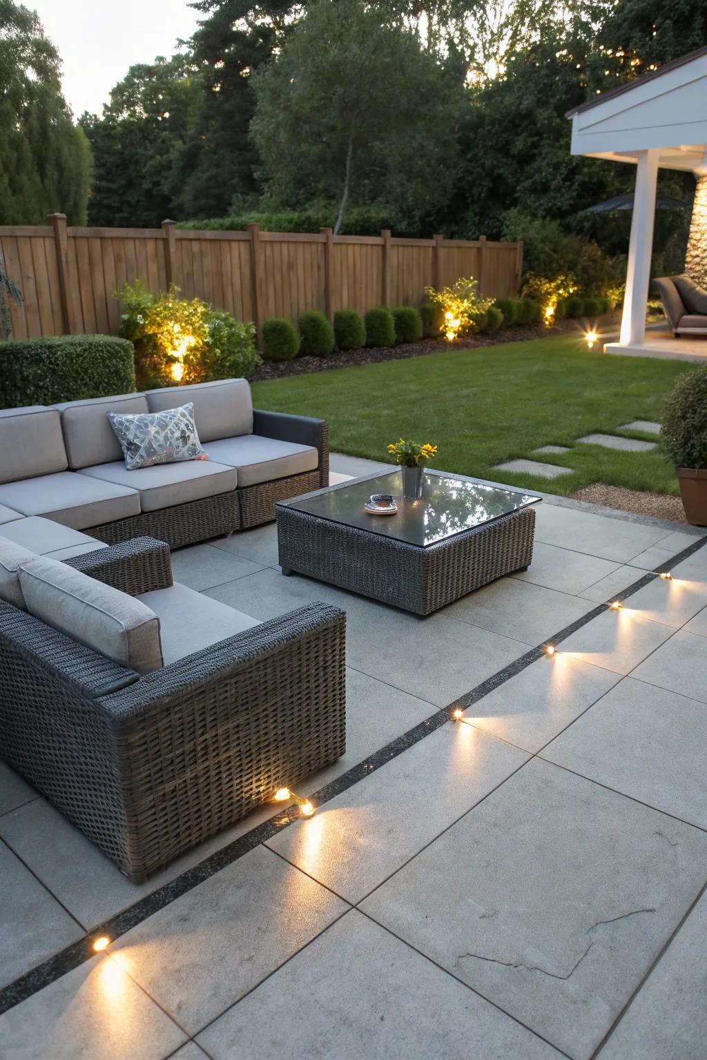A concrete patio featuring built-in LED lighting for a modern and inviting atmosphere.