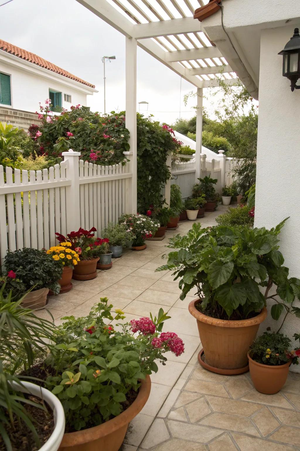 Potted plants add versatility and color to this courtyard patio.