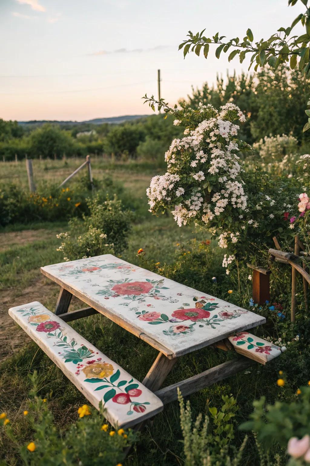 A vintage picnic table adorned with painted details, adding charm and character.