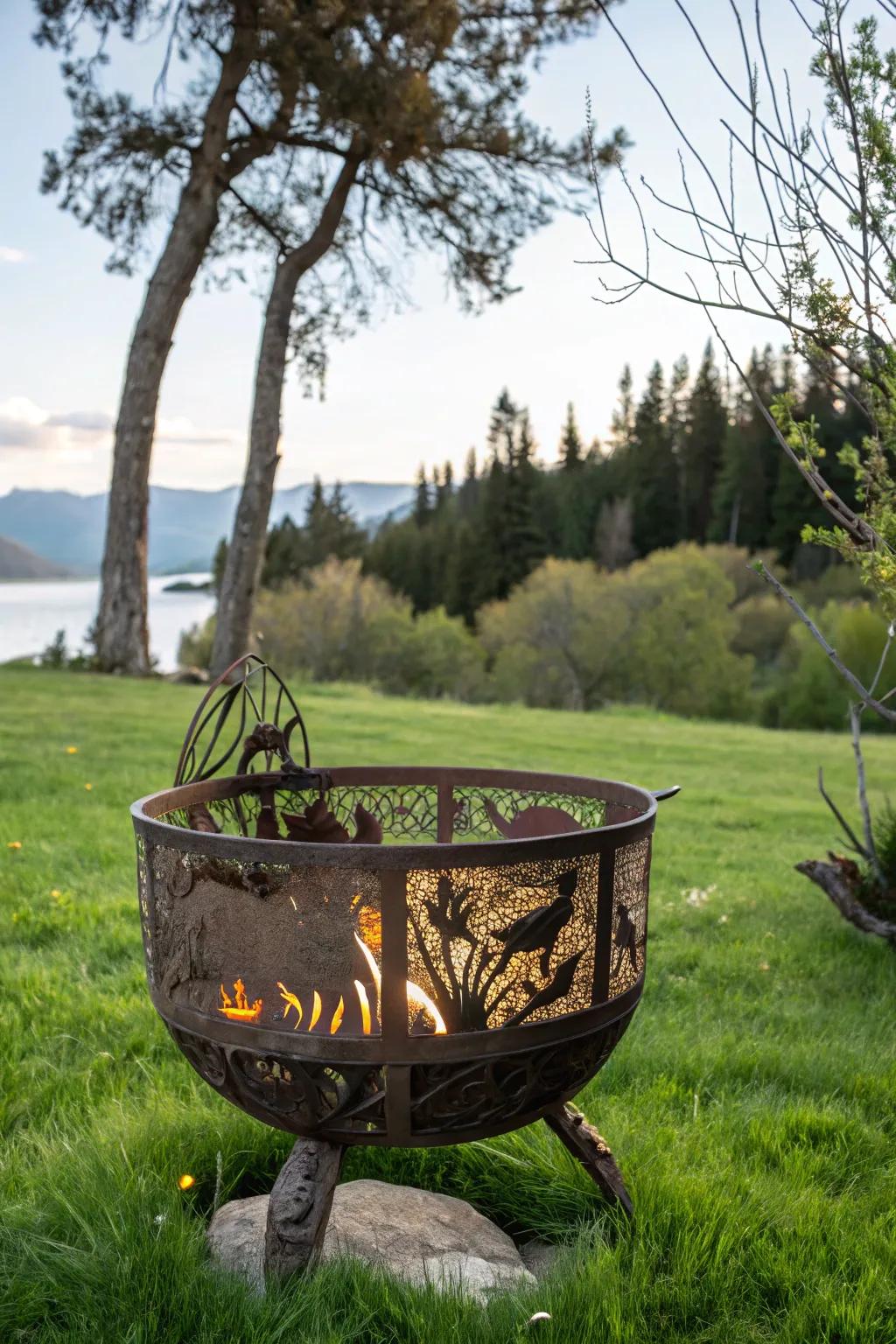 An artistic fire pit basket showcasing unique, handcrafted designs.