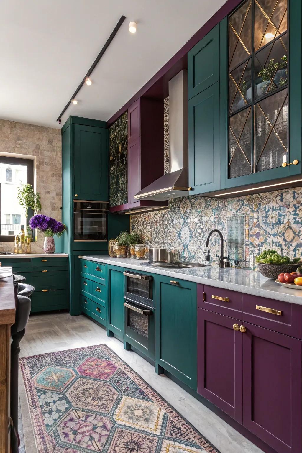 A bold kitchen with vibrant jewel tones.